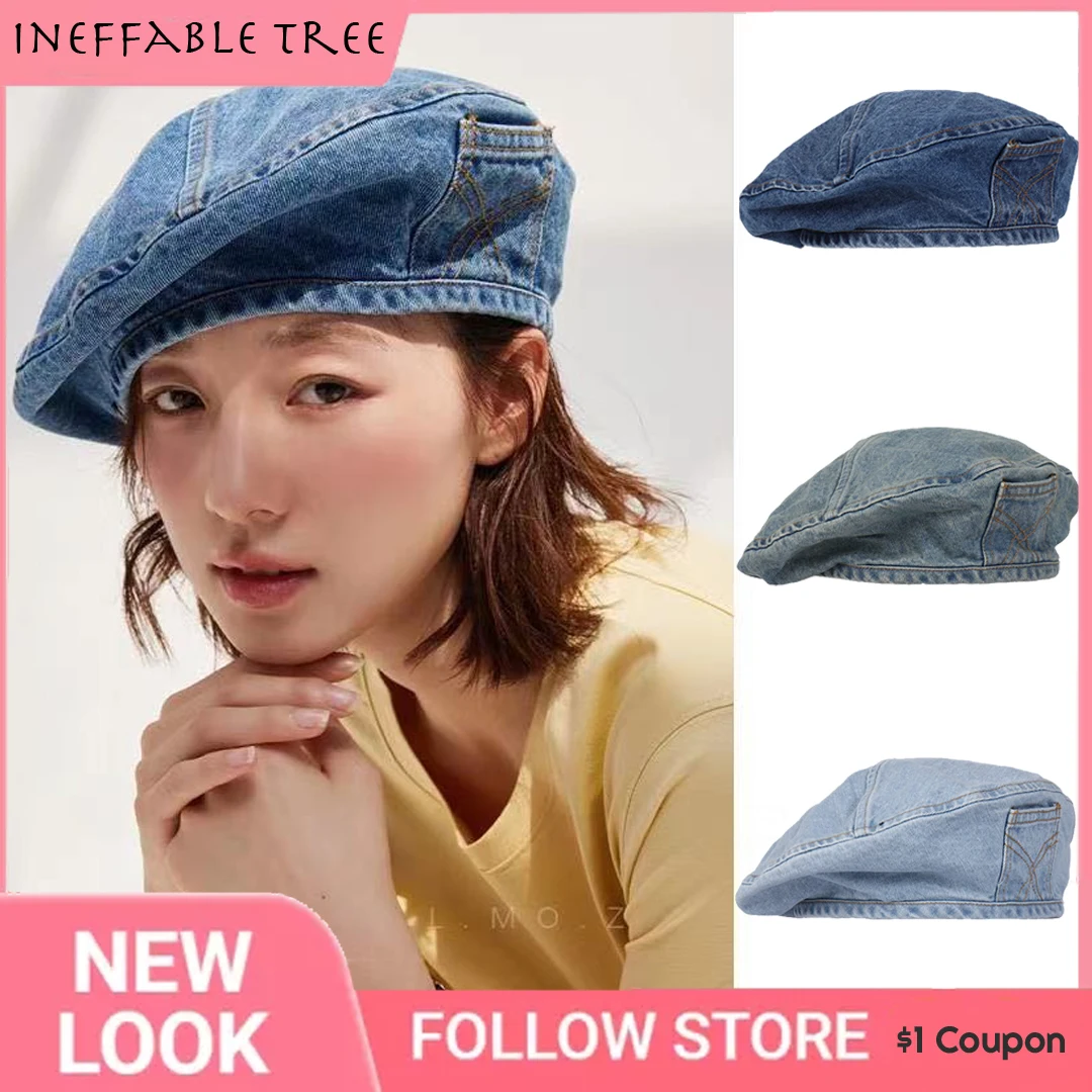 

Y2K Denim Beret Women's Spring Summer Washed Retro Painter Hat Versatile Big Head Circumference Octagonal Cap Mushroom Gorras