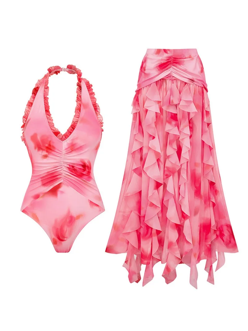 

Купальник с розовым цветком, окрашенный на шее, цельный купальник и юбка, женский купальный костюм с цветочным принтом, летняя пляжная одежда, наряд