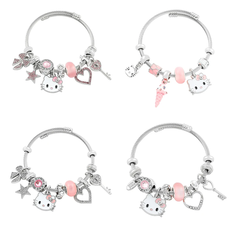 Fashion Trendy Girl Y2K Sanrio Hello Kitty Bracelet Bangles KT Cat Crystal Beads Hand Chains For Women Wedding Jewerly image 5