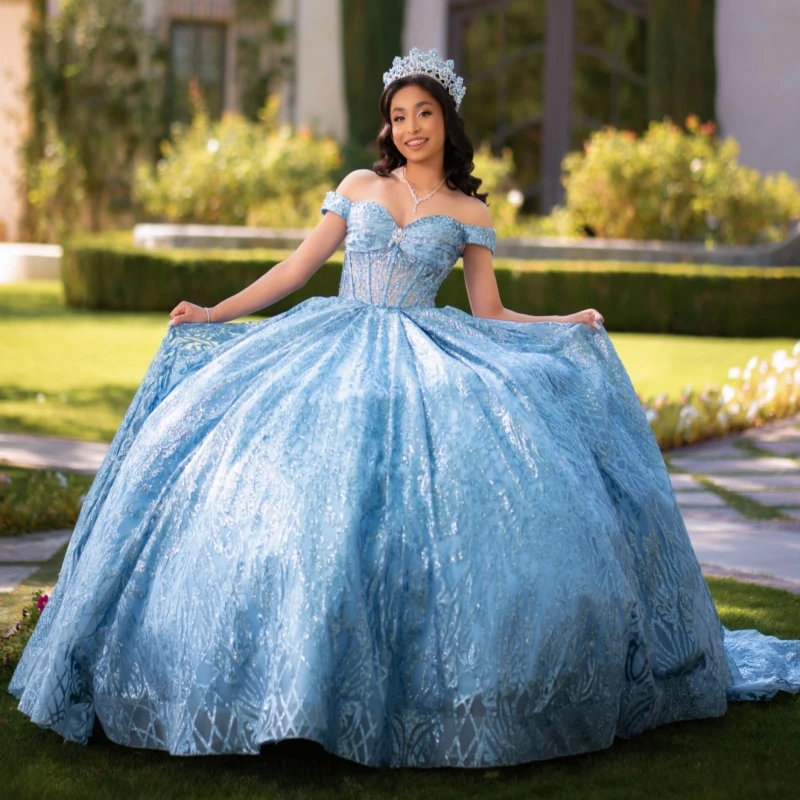 

Sky Blue Shiny Ball Gown Quinceanera Dresses Sequin Applique Lace Beading Crystal Bow Tull Corset Off Shoulder Sweet 16 Dress