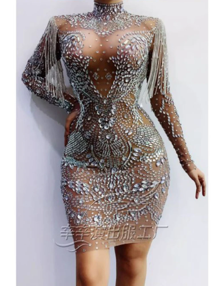 High Quality Hot Diamond Tassel Elastic Sexy Buttocks Wrapped Dress 2024 New Fashion Custom Women'S Clothing