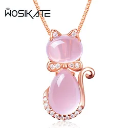 WOSIKATE Korean 925 Sterling Silver Rose Gold Plated Natural Hibiscus Stone Cat Pendant Chain Necklace For Women Fashion Jewelry