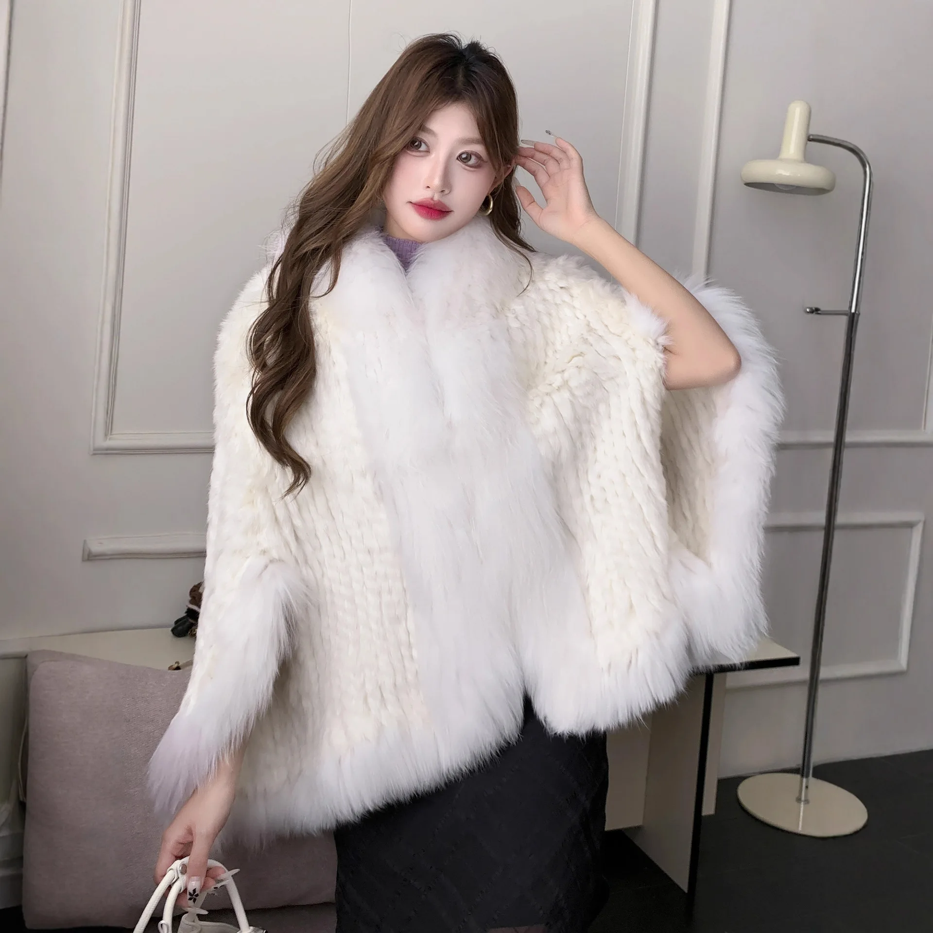 Real Genuine Natural Knitted Rabbit Fur Shawl Coat With Fox Fur Collar Women's Fashion Knit Jacket Cape