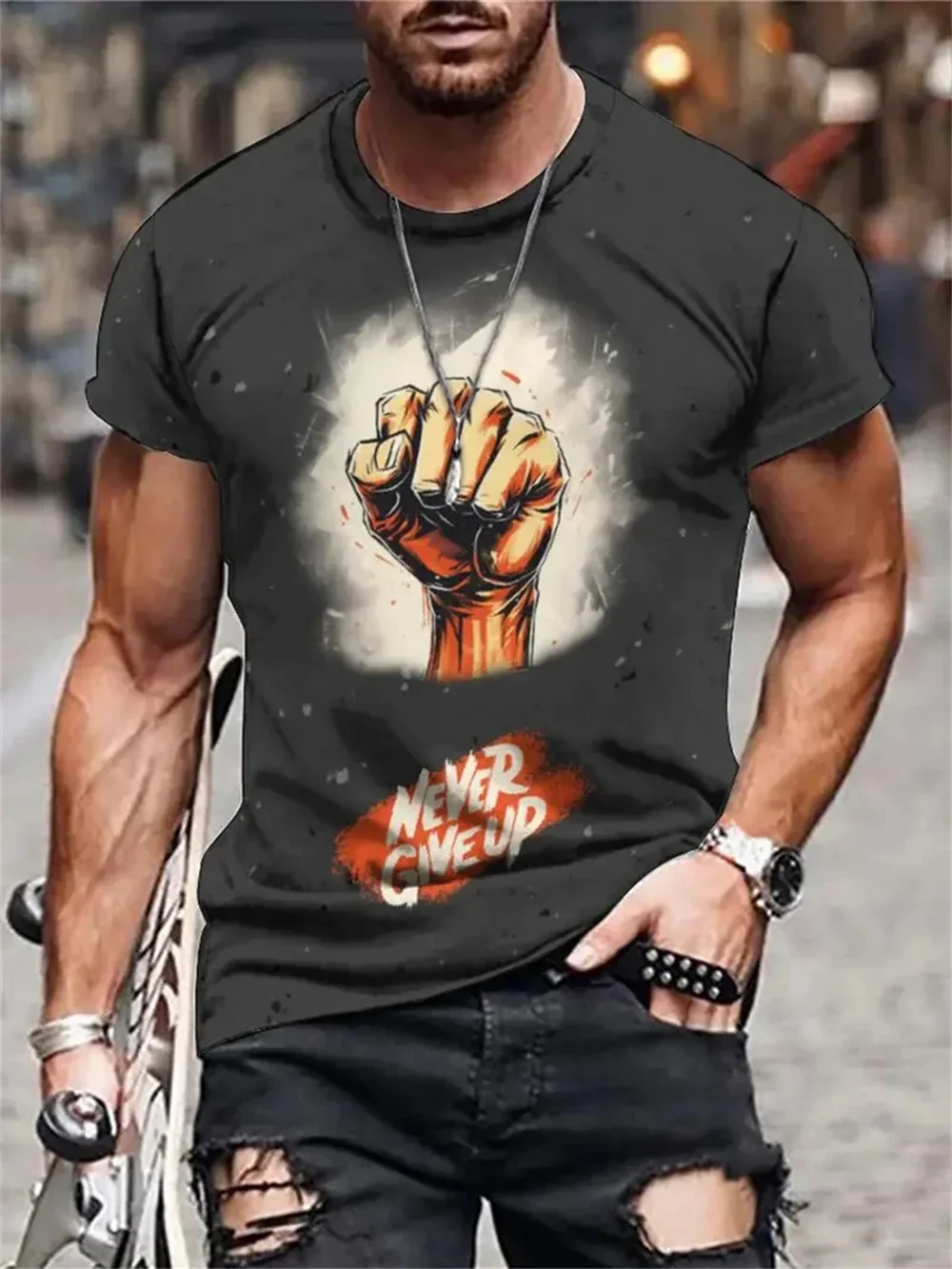 

New Men's T-Shirt 2024 Summer Never Give Up Short Sleeve Oversized Men's Clothing 3D Printed Graphic Casual Fashion Tops T Shirt