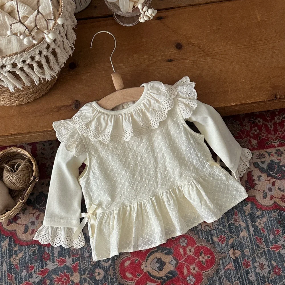 2026 Spring Korean 6M-4Y Baby Girl Apricot Tee Delicate Eyelet Lace on Collar Cuff Jacquard Soft Elegant Princess Baby Clothes