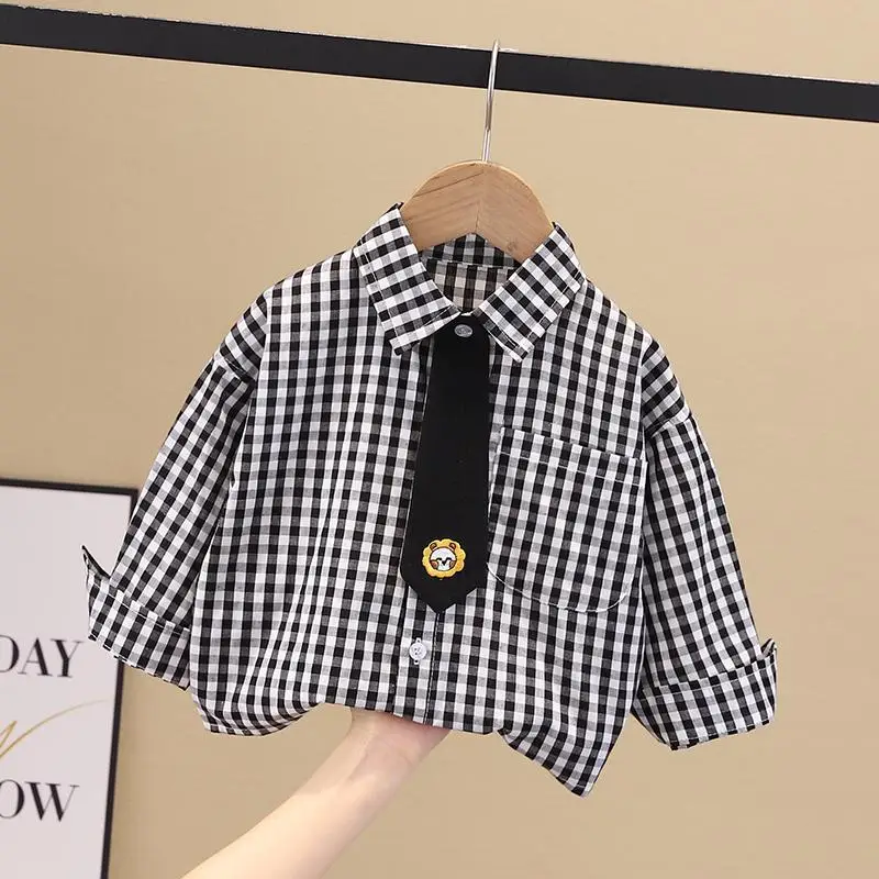 Spring Summer Toddler Boys Cotton Long Sleeved Plaid Shirt New Korean Top Baby White Shirt And Tie Shirt Baby Thin Clothing