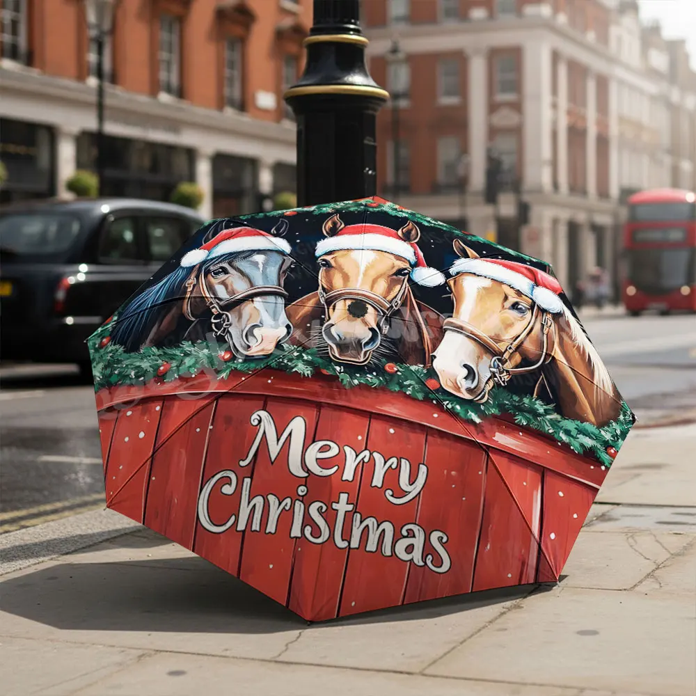 1P C Christmas Horses Umbrella with Festive Design Print 8 Iron Ribs Folding Umbrella Auto-Open Fashion Sunshade