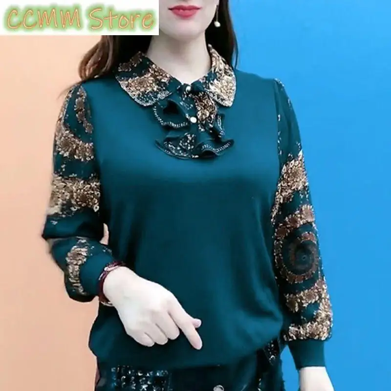 

Casual Vintage Printed Shirt Commute Peter Pan Collar Button Spring Autumn Women's Clothing Fashion Ruffles Spliced Loose Blouse