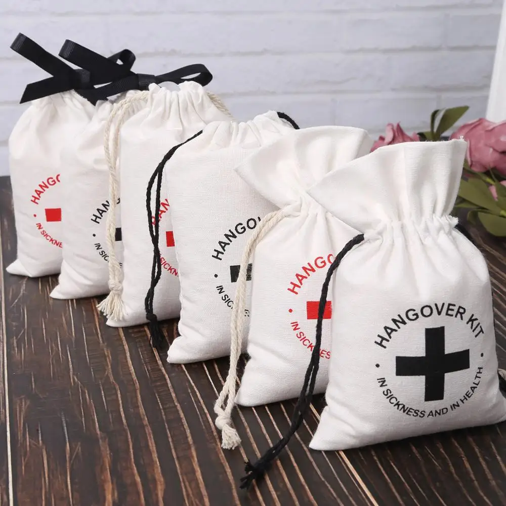 

100pcs Hangover Kit Bags White Cotton Jewelry Pouch Bachelorette First Aid Wedding Favor Holder Event Gift Drawstring Bags