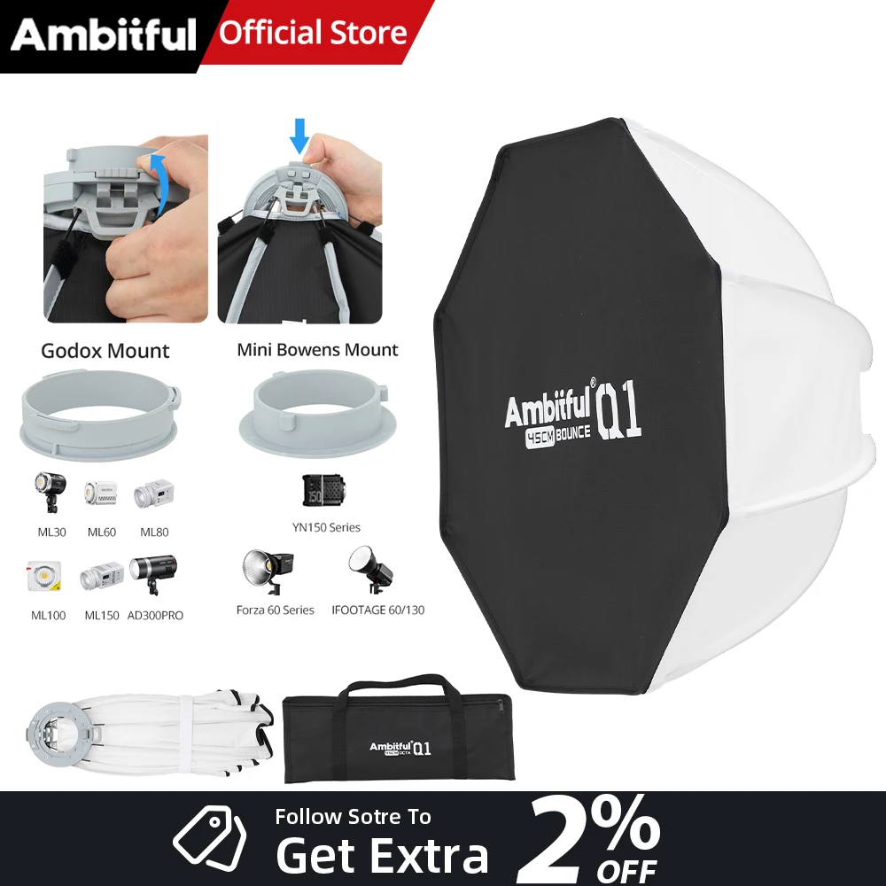 AMBITFUL Q1 45cm Reverse Octagon Umbrella Softbox à Montage Rapide Mini Bowens/GODOX avec Grille pour GODOX, Yongnuo