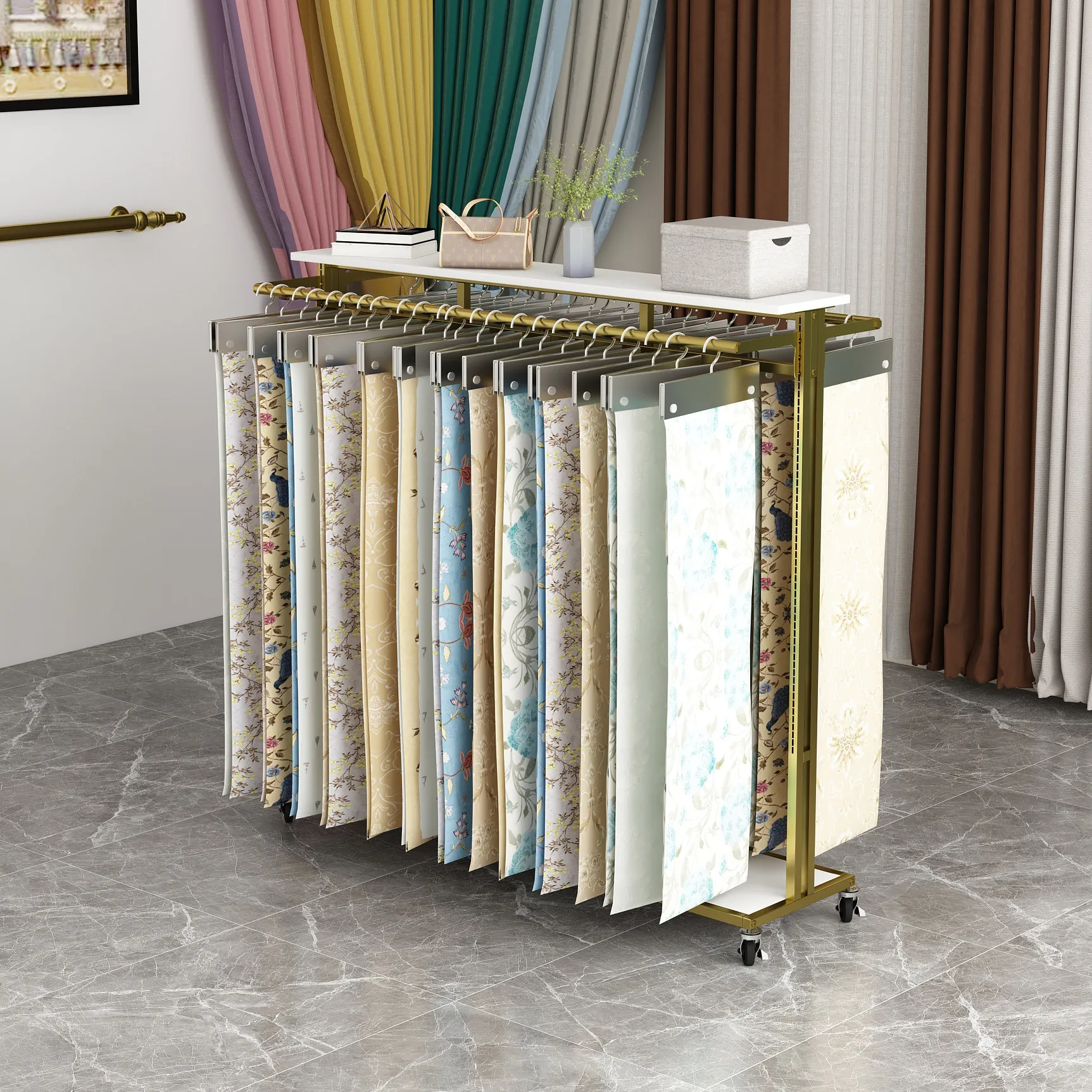 Home textile fabric sample cloth display rack Adjustable curtain color card sample Floor middle island fabric multi-layer