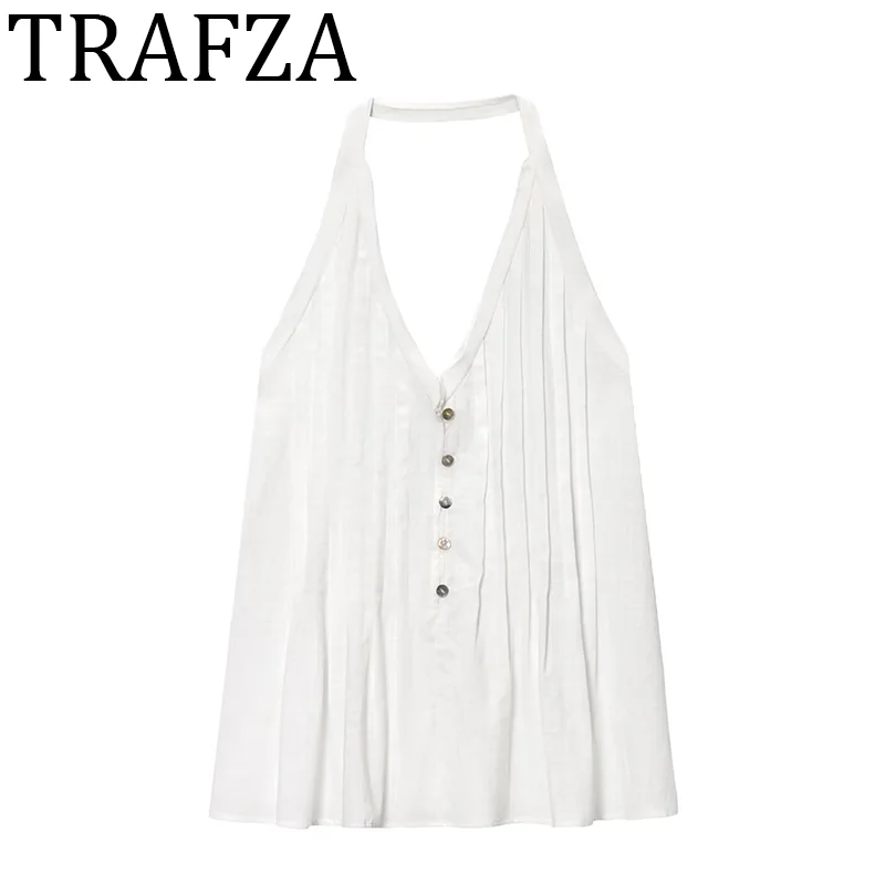 

TRAFZA 2025 Woman Clothing Open Back Halter Top White V-neck Back Drawstring Tassels Vest for Women Summer Fold Short Top Tank