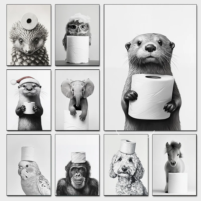 (1PC Unframe)Black and White Animal Bathroom Poster Owl Christmas Countdown Otter Prints Canvas Painting Wall Art Picture Home B