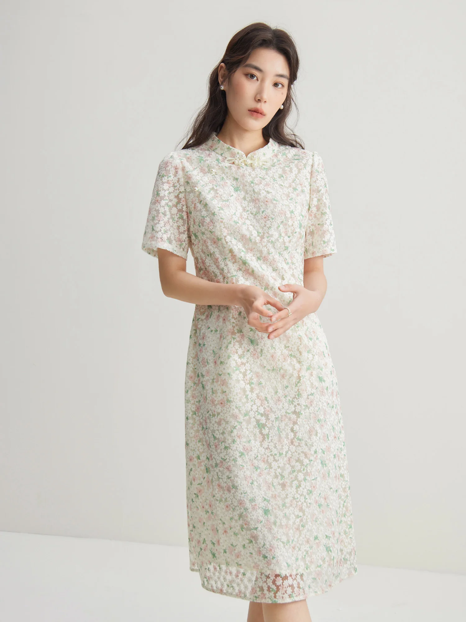 DUSHU Women Floral Short Sleeve Dresses Improved Cheongsam Collar Female Long A-LINE Dress Pink Green Floral Dress 24DY82396