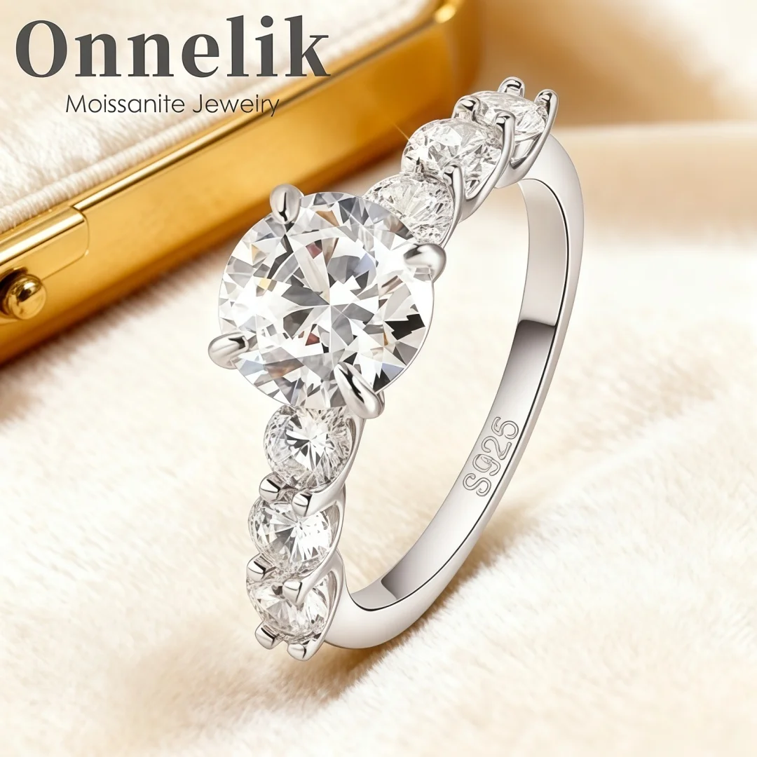 

Onnelik S925 Silver D VVS1 2CT Moissanite Solitaire Ring Luxury Engagement Wedding Band Anniversary Jewelry Gift for Women