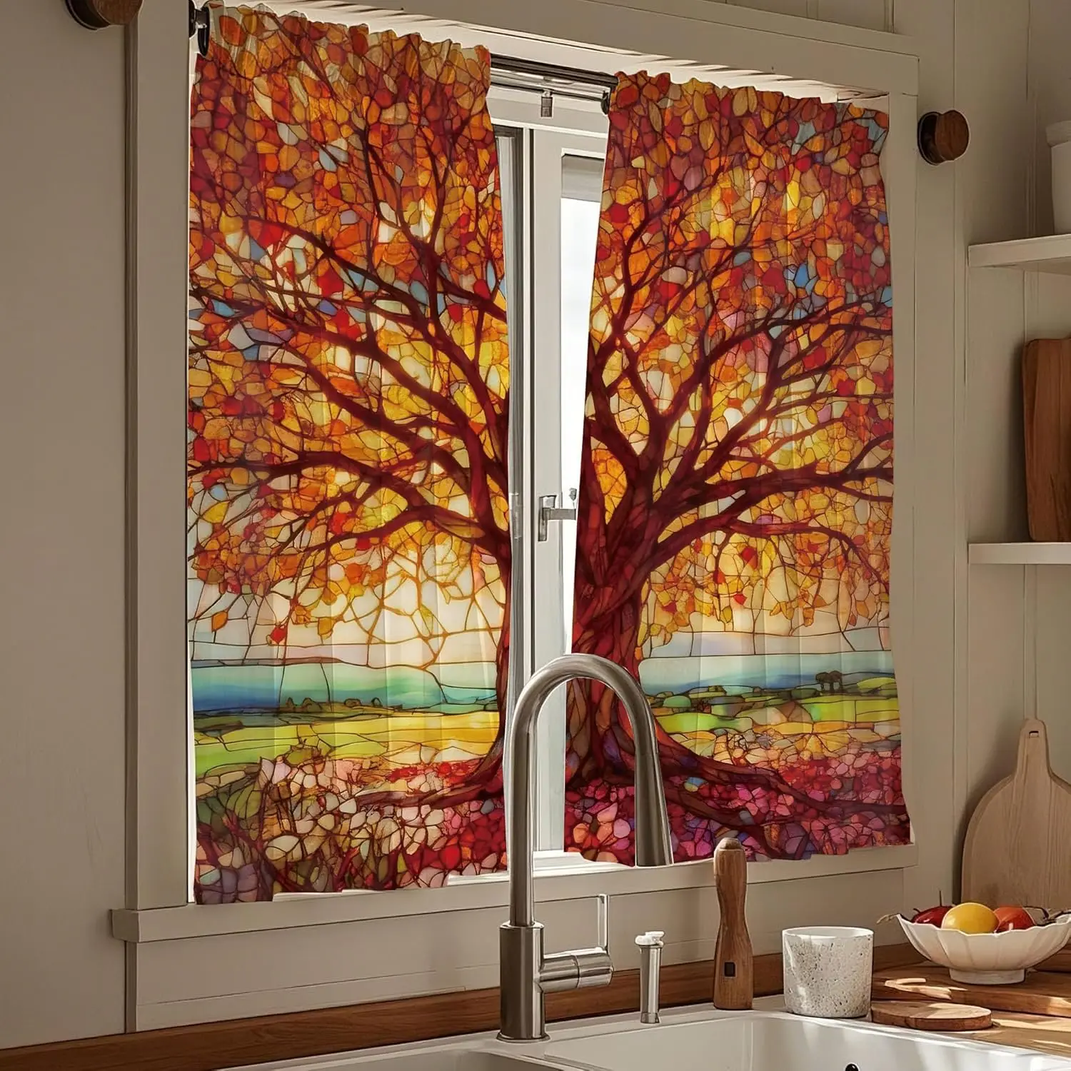 Vibrant Autumn Tree Forest Landscape Curtain 2pcs Pair Bohemian Nature Sunlight Window Drapes Living Room Home