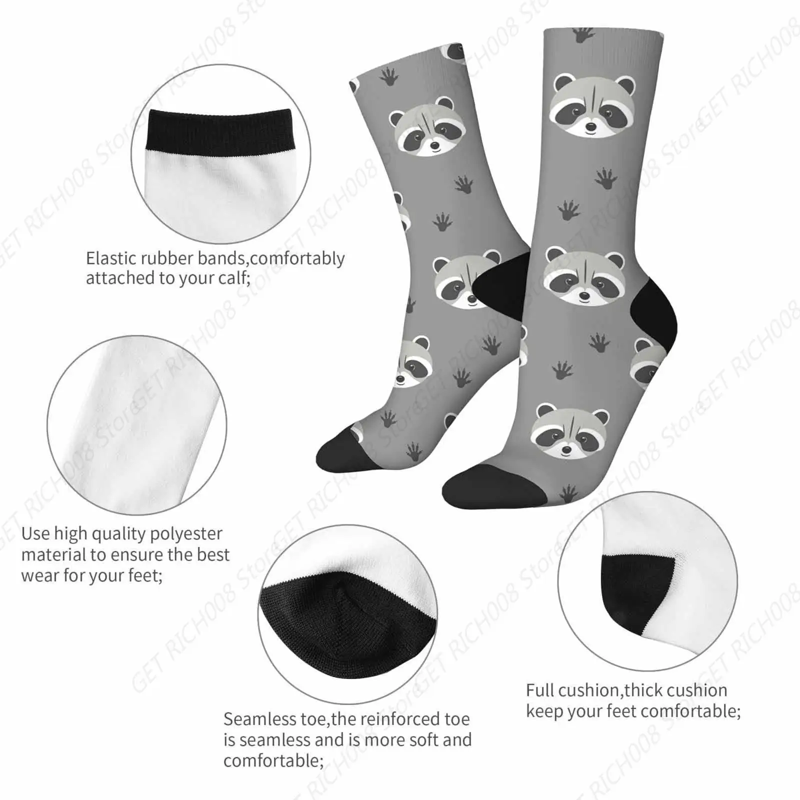 Gray Raccoon Unisex Socks Paw Print Cute Woodland Animal Funny Socks Gifts For Women Mens Novelty Crew Socks