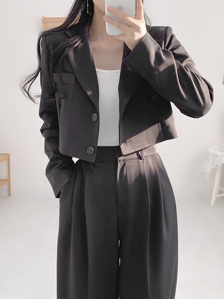 

Faionable Women's Suit Set High Waist Wide Leg Pants Two Piece Set Spring Season Long Sve Top Bot Matching Outfit