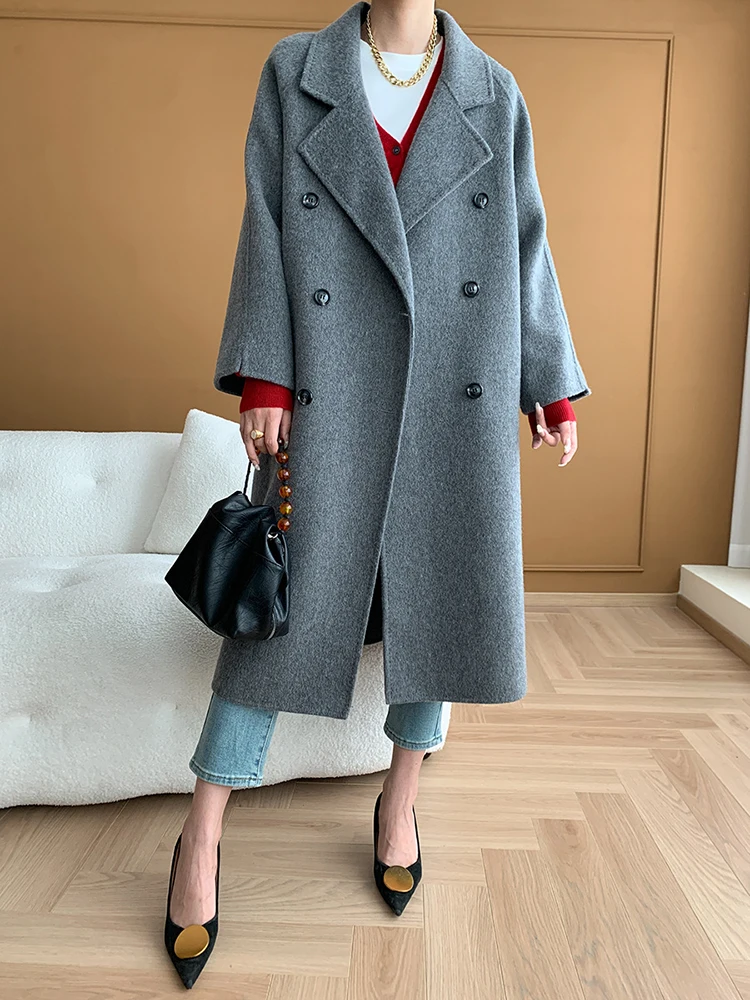 Gray Double Breasted Big Size Woolen Coat New Lapel Long Sleeve Women Jacket Fashion Tide Autumn Winter