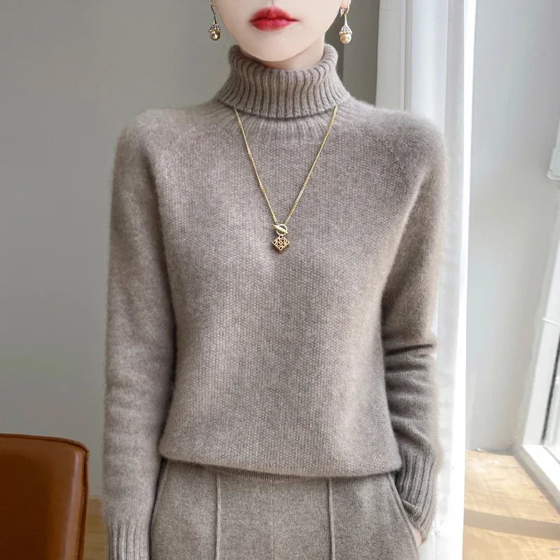 Pop Fashion Autunno Inverno 100% lana maglione a collo alto donna High Street maglione tinta unita manica lunga Top lavorato a maglia pullover femminile