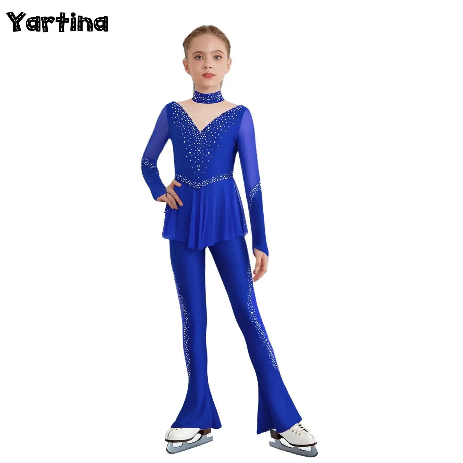 

Kids Girls Gymnastics Figure Skating Ballet Dance Performance Costume Shiny Rhinestones Jumpsuit Bell-Bottom Peplum Bodysuit