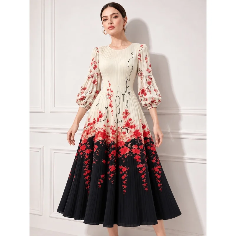 Miyake Pleated Round Neck Puff Sleeve Printed Dress Floral Pattern Women's Vacation Lightweight Stretchy Clothing Vestidos