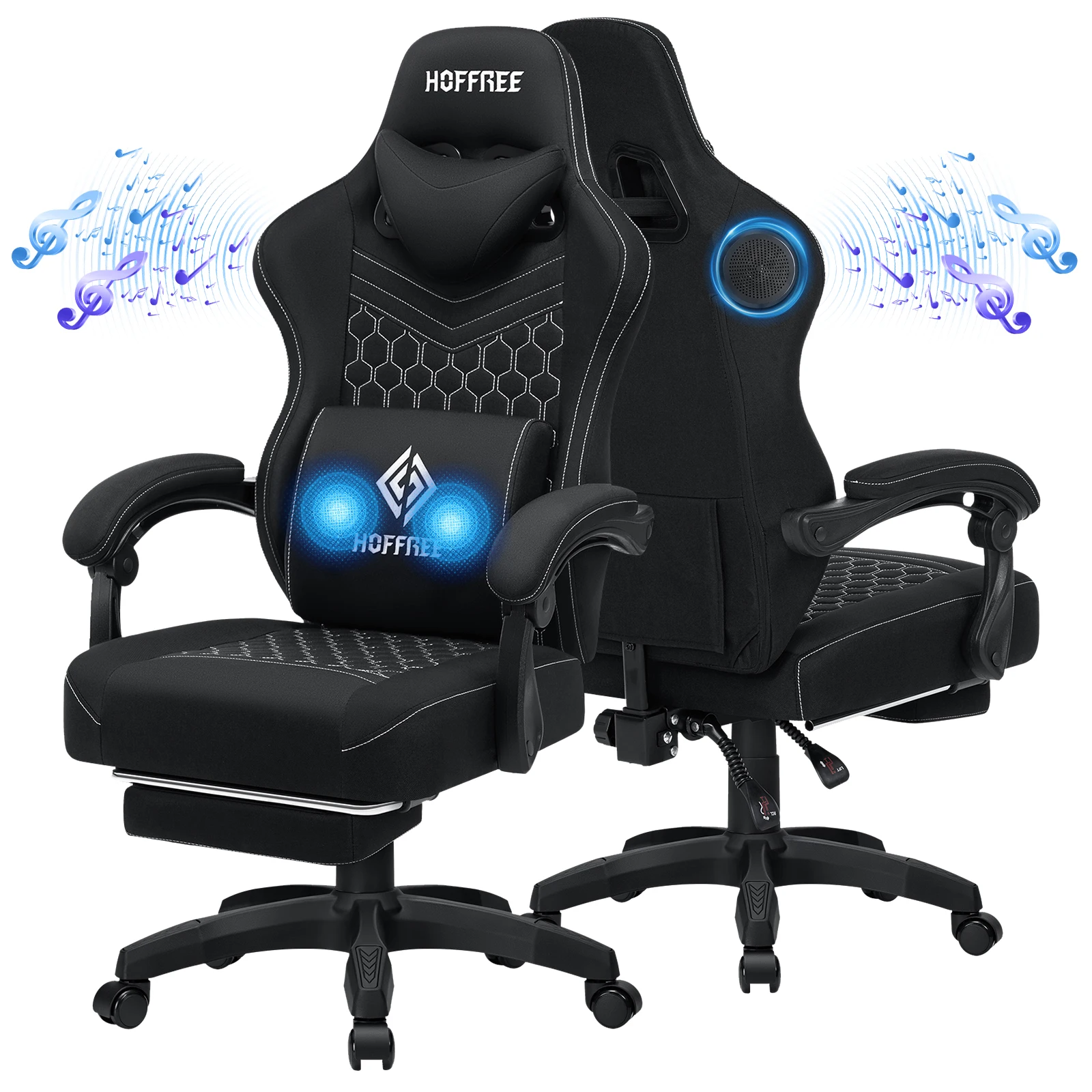 

Gaming Chair Computer Chair Fabric w/ Speakers Massage Game Chair Footrest bluetooth Ergonomic Gamer Chairs w/ Lumbar Support