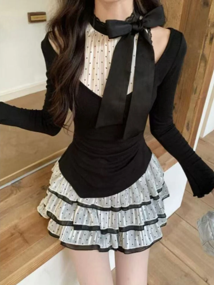 

Французский сексуальный костюм принцессы с юбкой и длинными рукавами, эстетичный сладкий тонкий кружевной лоскутный комплект с бантом, модные вечерние комплекты из двух предметов, зима 2024 г.