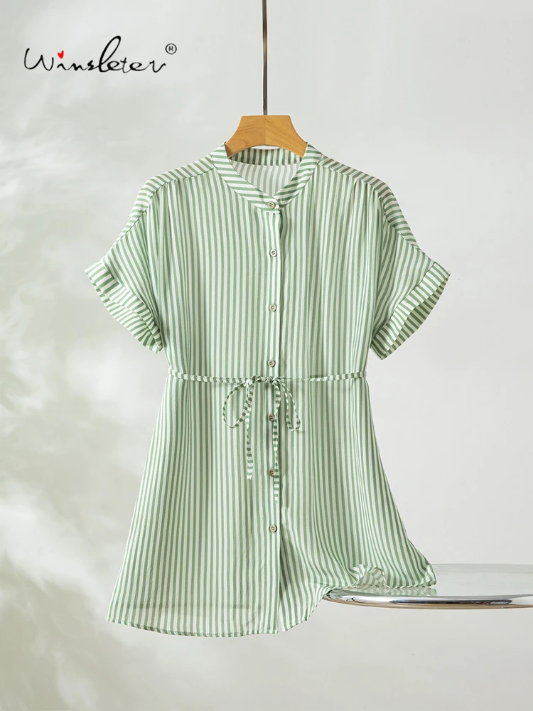 

Winsleter-100%Real Silk Double Crepe Elegant Shirt, Short Sleeve Striped, Women French Loose Long Blouse, 2026 Summer T65744CC