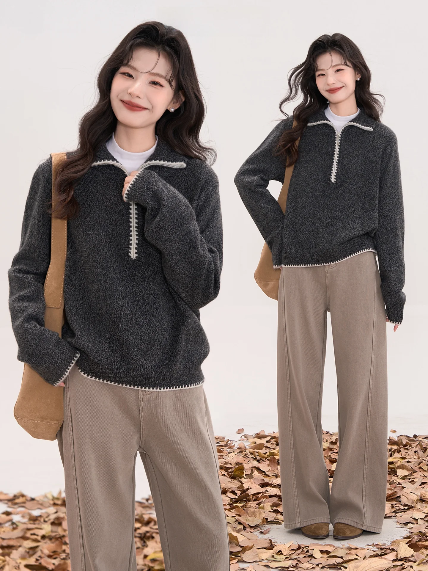 

Heme High Neck Knitted Sweater Women's Half Zipper Mixed Yarn Casual Style Long Sleeve Loose Fit Autumn Winter Fashion