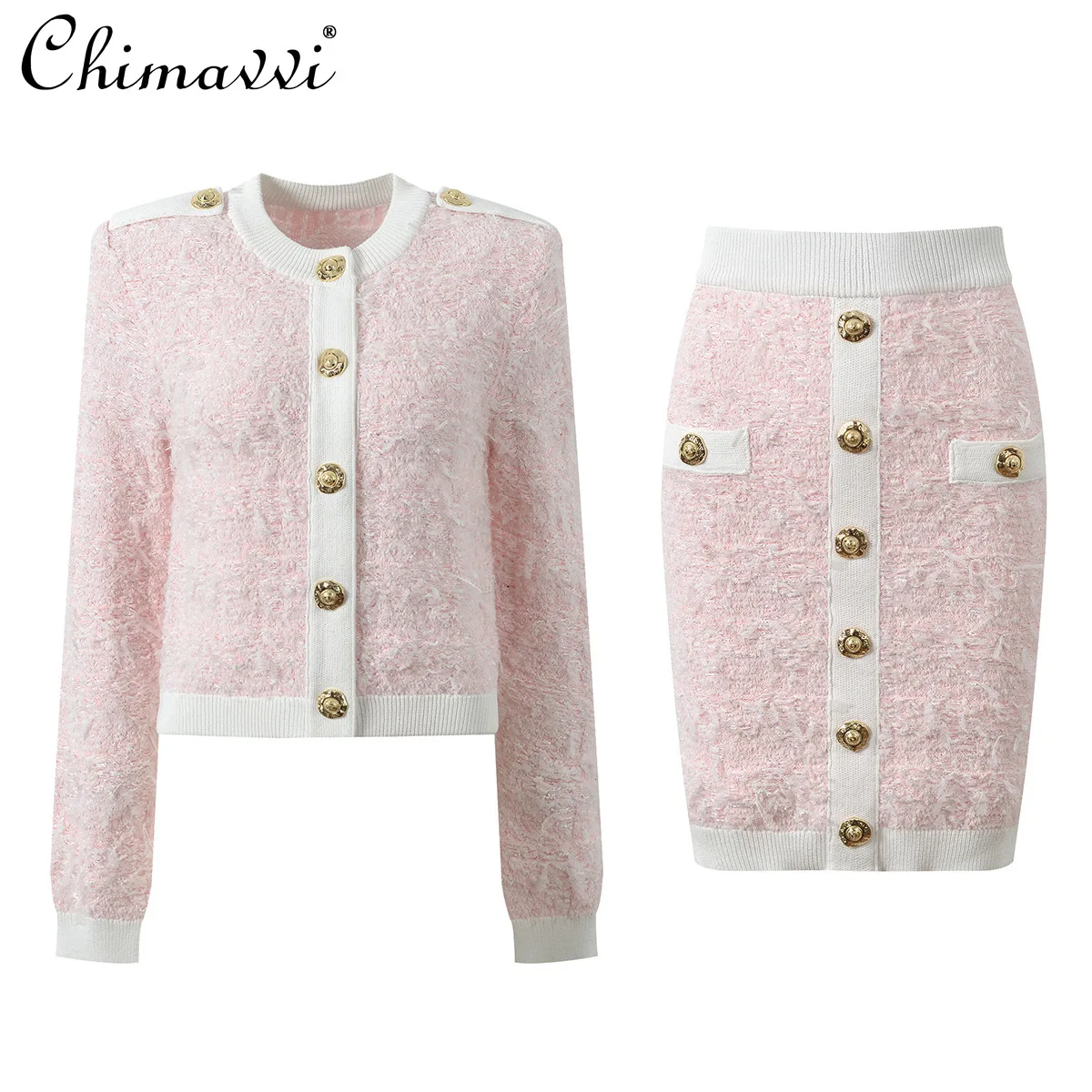 

2026 Весенний новый светский стиль во французском стиле, короткий кардиган с круглым вырезом и облегающей юбкой, элегантный комплект из 2 предметов OL