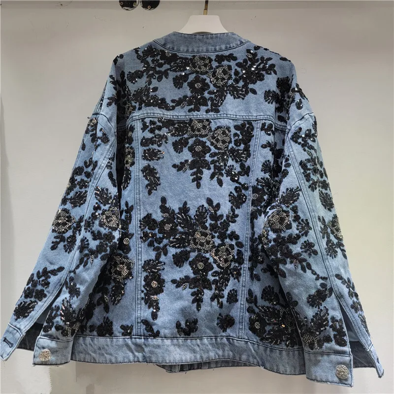 ANJY Autumn Winter New Women Fashion Heavy Embroidery Sequin Flower Elegant Temperament Denim Jacket High-End Chic Trendy A15596