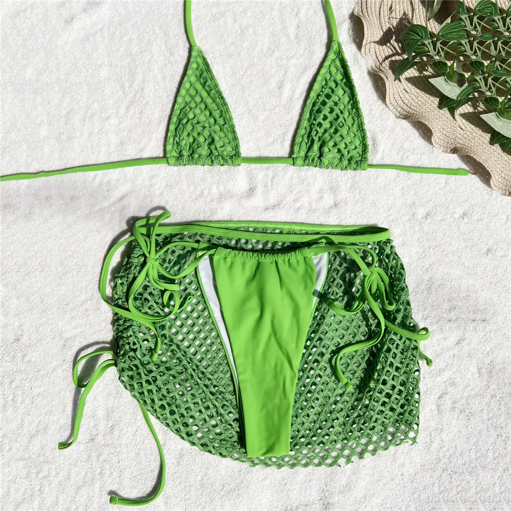 

Sexy Green Fishnet Cover Ups Swimsuit Micro Thong String Halter Triangle 3 Piece Bikini Set Swimwear Women 2026 Bikinis Bather