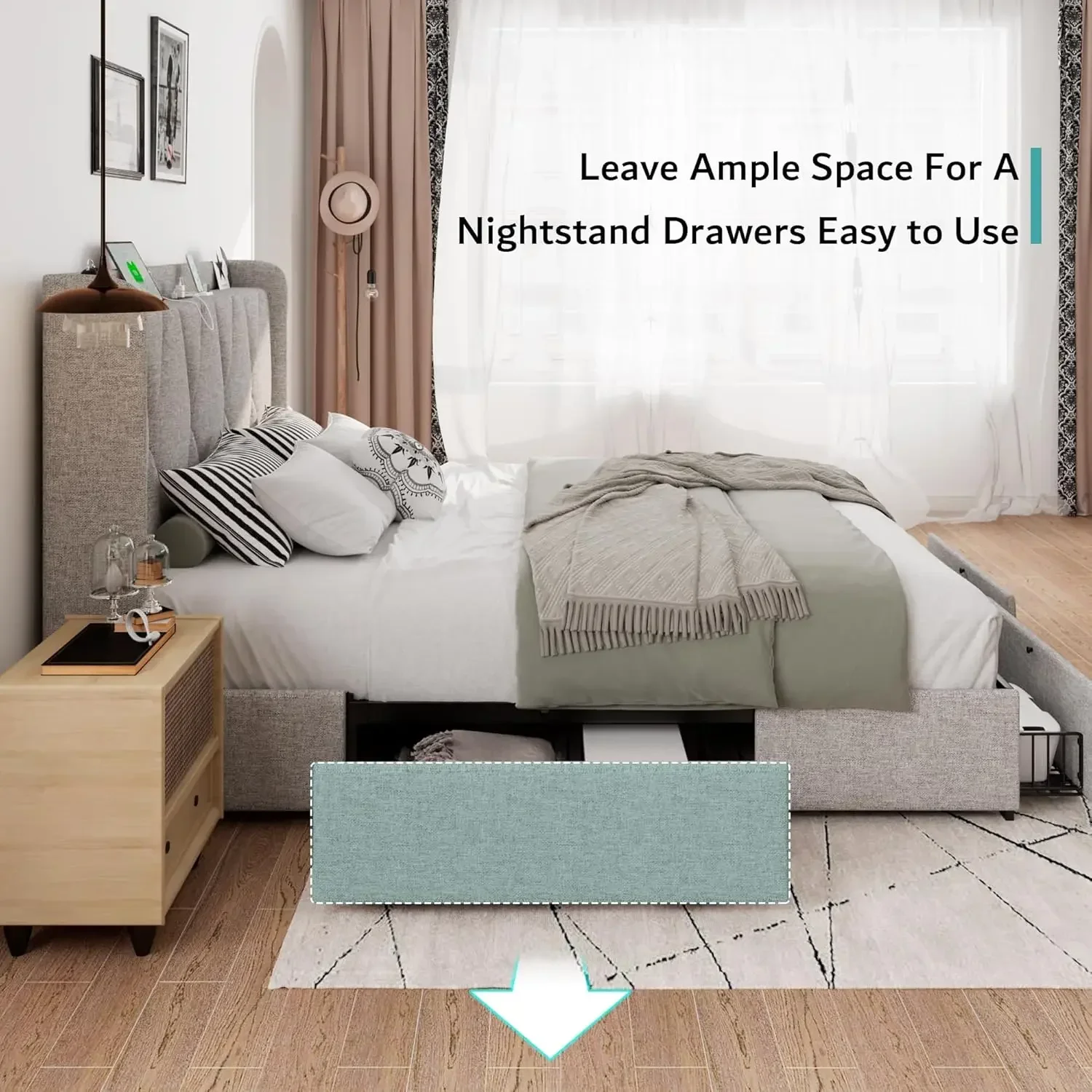 , Upholstered Platform Bed Frame with Charging Station, Modern Wingback Storage Headboard