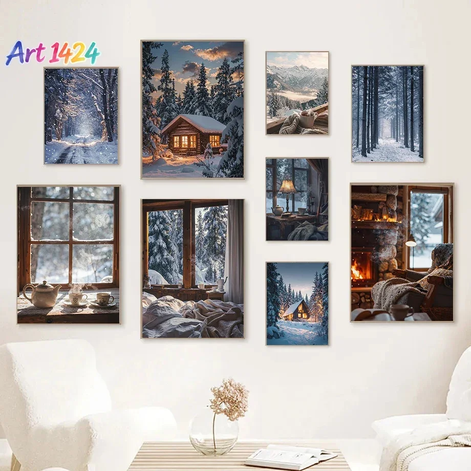 (No frame)Cozy Cabin Fireplace Scene Posters Winter Cabin in Snowy Modern Prints Canvas Painting Wall Art Pictures Home Livin