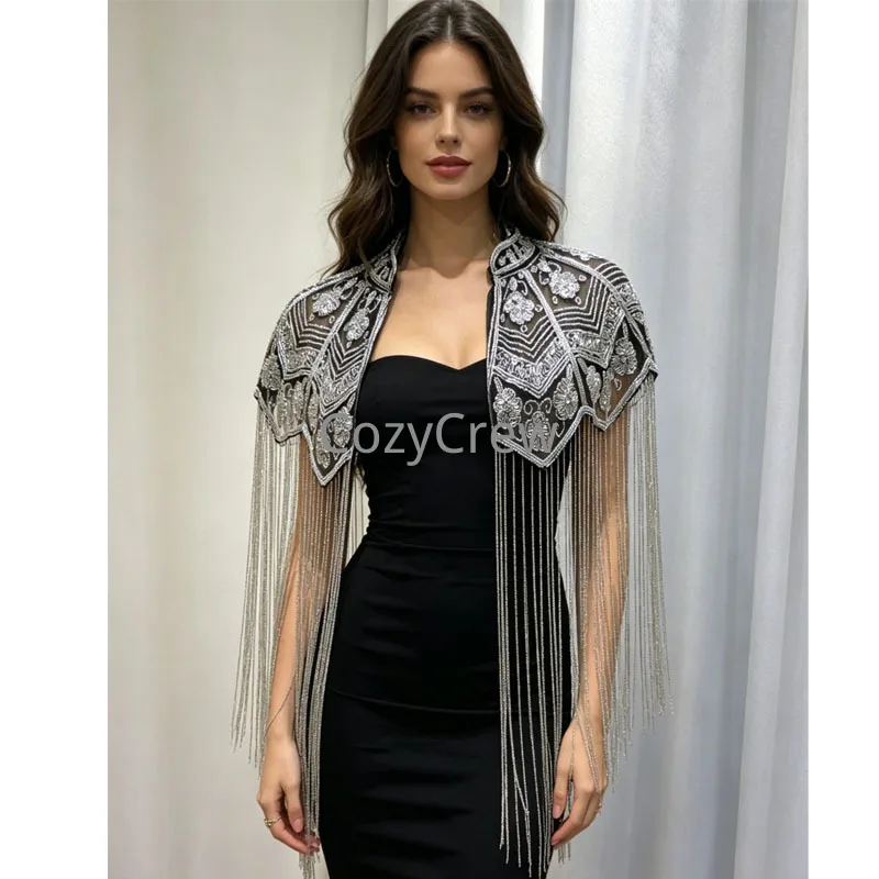 Vintage Roaring 20s Flapper Fringed Sequins Beaded Cape Women Art Deco Shoulder Shawl Wraps for Wedding Prom Gala Party