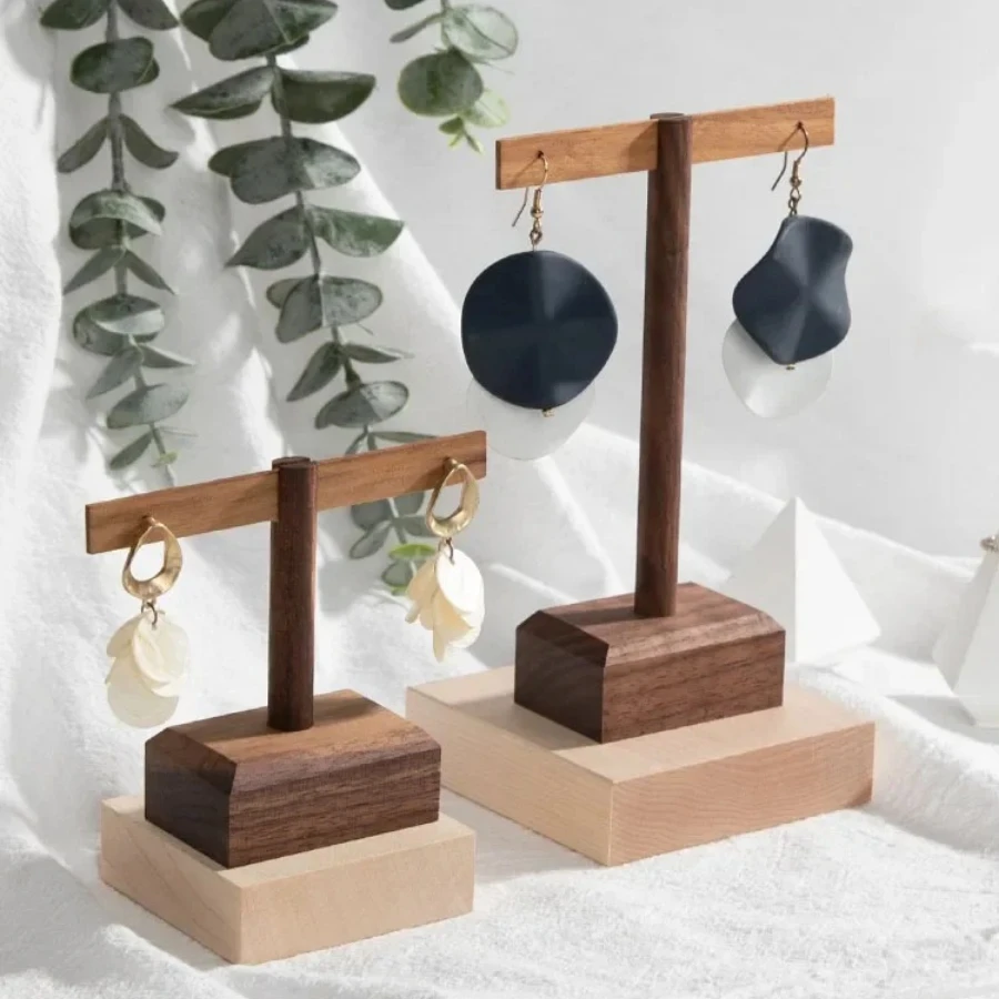 Walnut Wood T-shaped Earrings, Rings, Necklaces, Jewelry Racks Stand, Pendants, Display Cabinets, Accessories Organizer Holder
