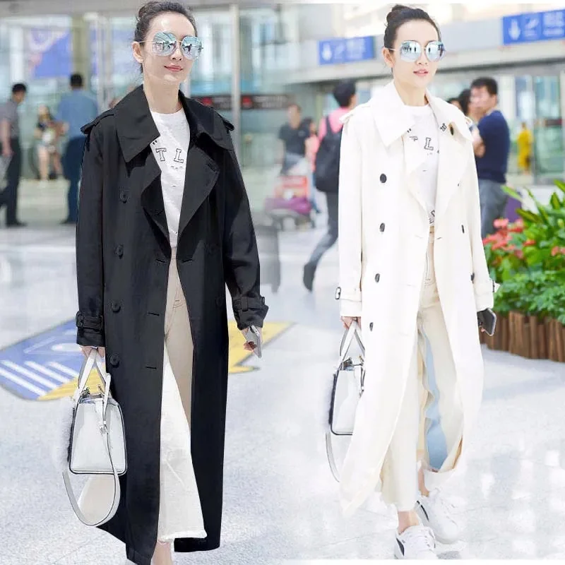 White Windbreaker Women\'s Long 2023 Spring New Wang Ou Star Same European and American Fashion Double breasted Button Slim Coat