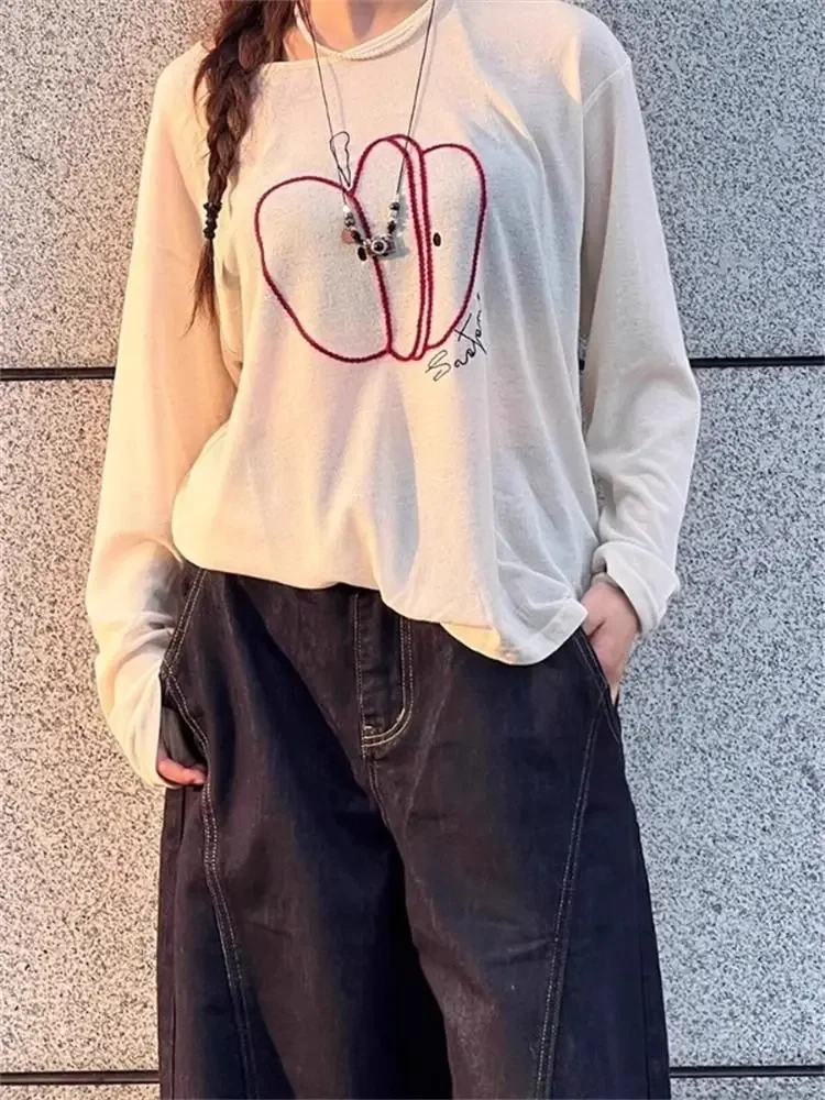 

Korejpaa Apple Print T-shirt Women American Retro 2025 Summer Sun Protection Air Conditioning Tshirts Gentle Simple Y2k Top