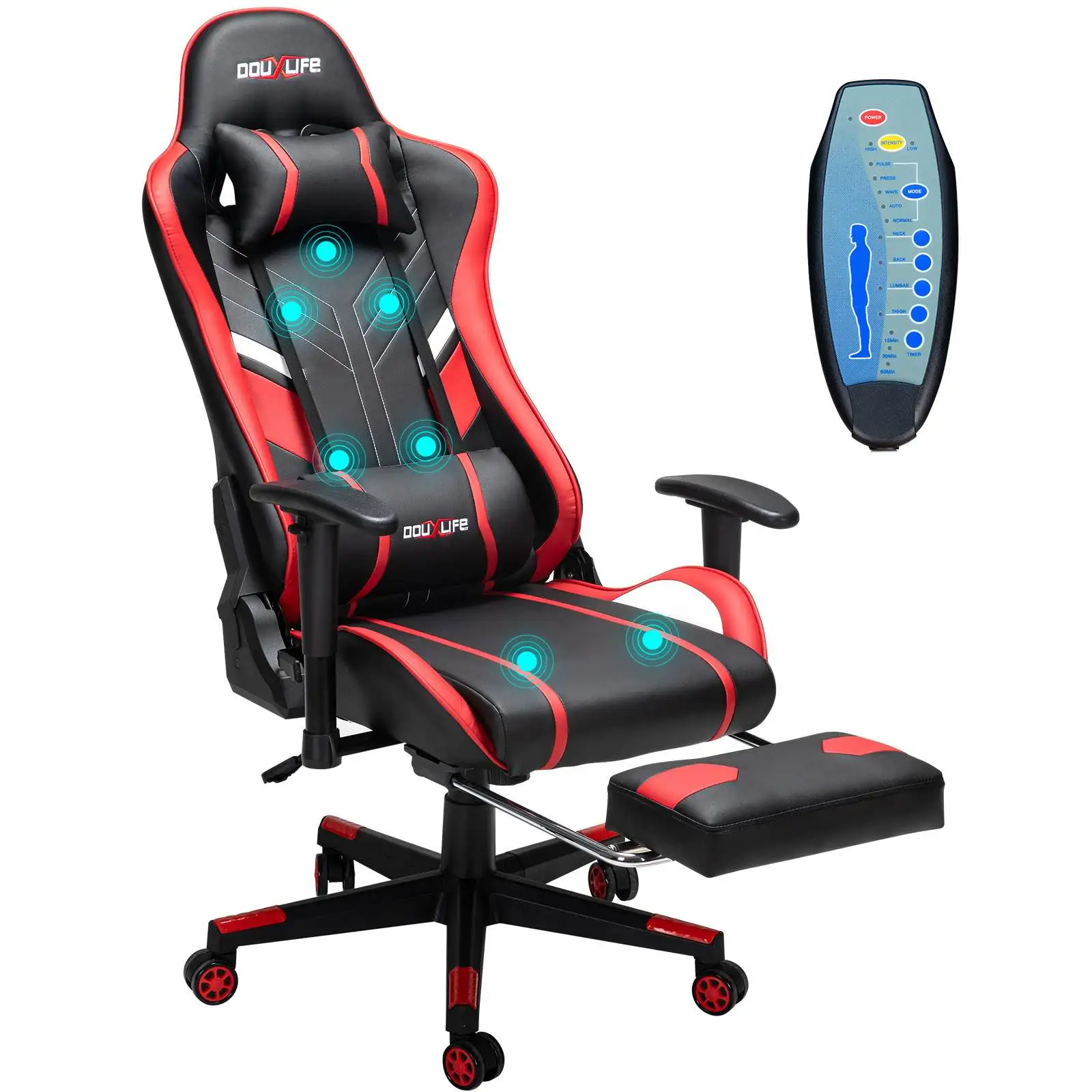 Douxlife Massage Gaming Chair 7-Point, Adjustable Seat Height Ergonomic Office Chair with Footrest and Lumbar Support GC-RC03