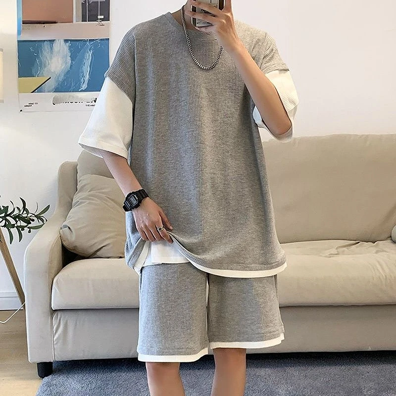 Men Casual Sets Patchwork Solid Color O-neck T-shirt Drawstring Loose Shorts Outdoor Casual Jogging Tracksuit Men Streetwear