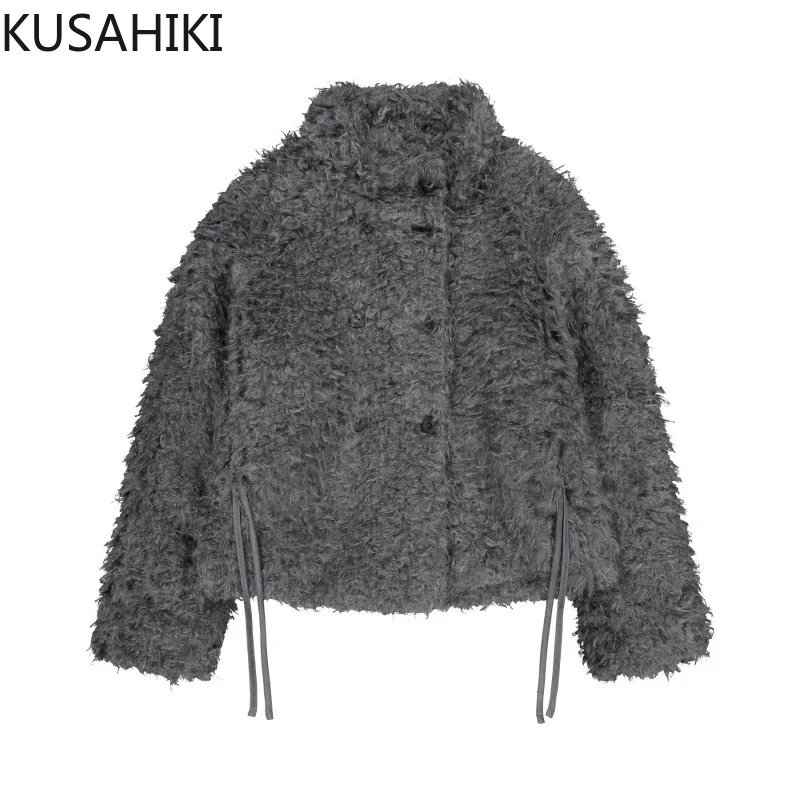 KUSAHIKI Autumn Winter Plush Faux Fur Stand Up Collar Double Breasted Fashion Warm Lambhair Jacket for Women