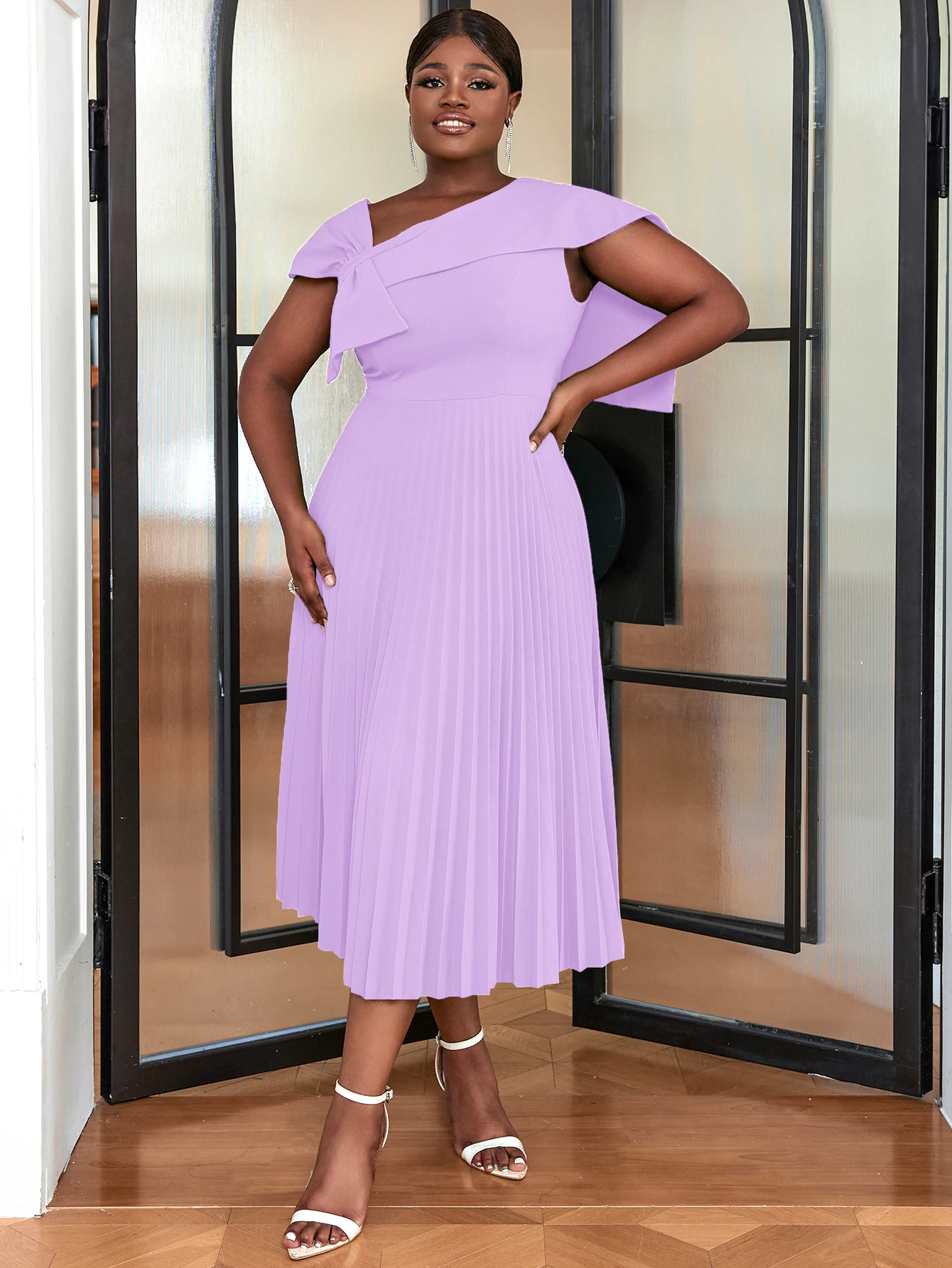 Women Plus Size Midi Pleated Dress Bow Flutter Sleeve A Line Elegant Fashion African Formal Evening Event Prom Outfits Summer