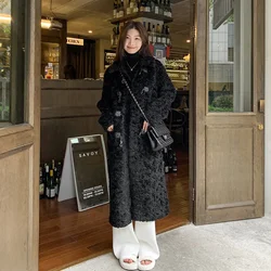 Black Lamb Wool Coat Women's Winter Cow Horn Button Loose Thick Winter Environmentally Friendly Fur Long Over Knee Outerwear 1Pc