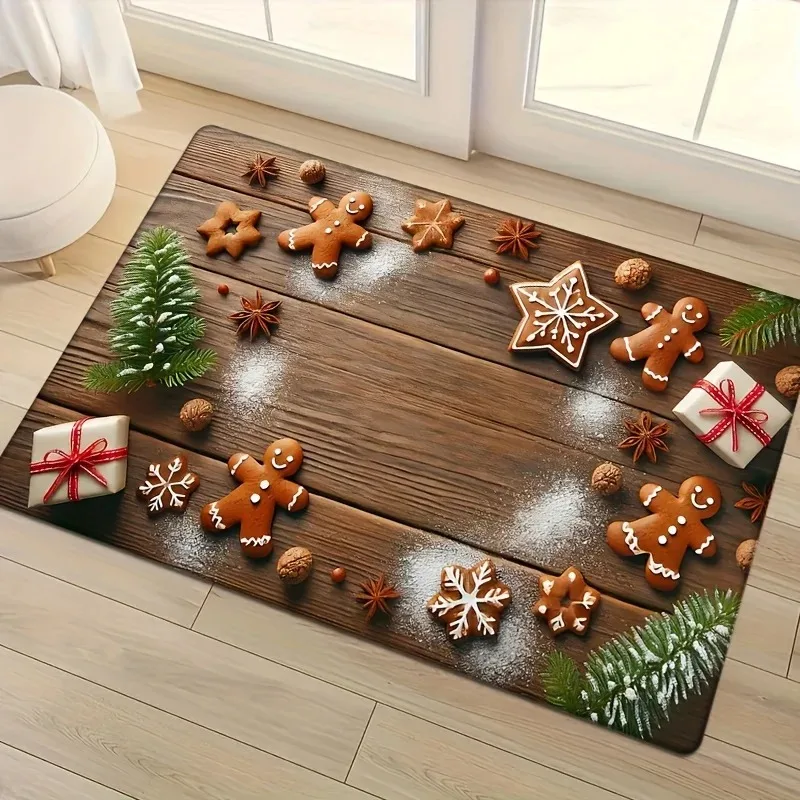 Entrance Floor MatGingerbread Man Winter Scene Door Carpet Snowflake Cookie Pine Decor Rug Indoor and Outdoor Front Porch