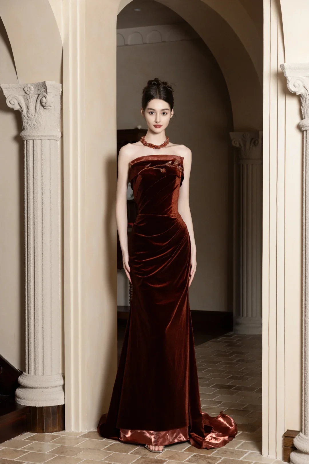 Mocha Velvet Evening Dress Slim Wiat Strapless Chest Wrapping Rhinestone Sleeveless Elegant Temperament Banquet Wedding Gowns