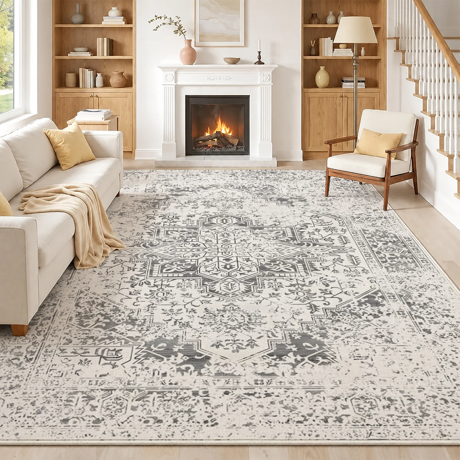 Large Indoor Area Rug, Soft Velvet Low Pile with Non-slip Dotted Backing, Machine Washable Distressed Vintage Medallion Gray White Boho Rug for Living Room Bedroom Home