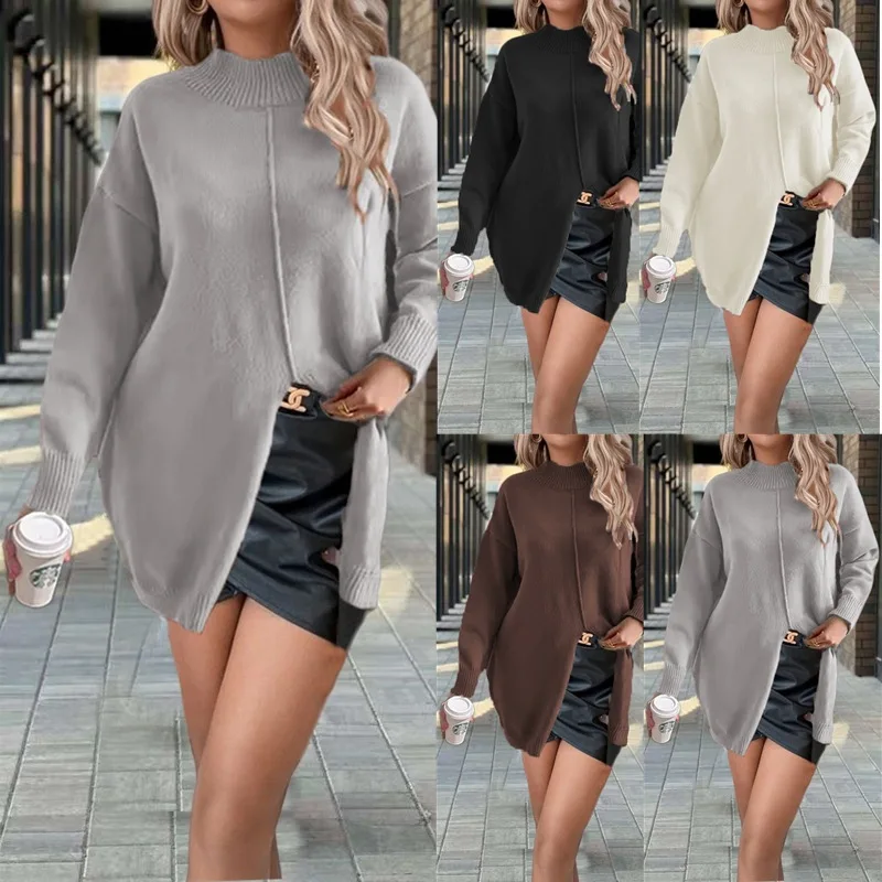 Winter Solid Color Semi-turtleneck Pullover Knitted Sweater Loose Medium And Long Split Women's Sweater