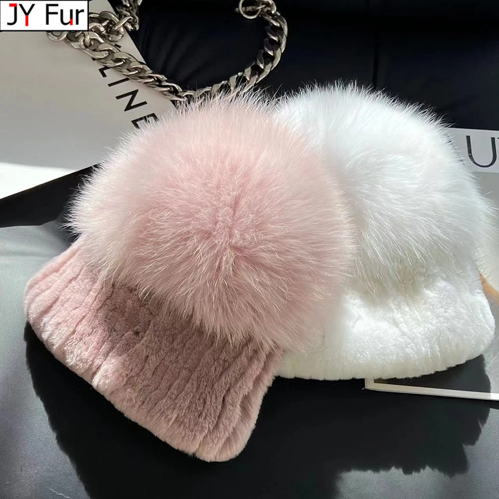 Winter New Women Luxury Real Rex Rabbit Fur Hat Knitted Rex Rabbit Fur Hat Top Natural Fox Fur Cap Genuine Fox Fur Beanies Hat