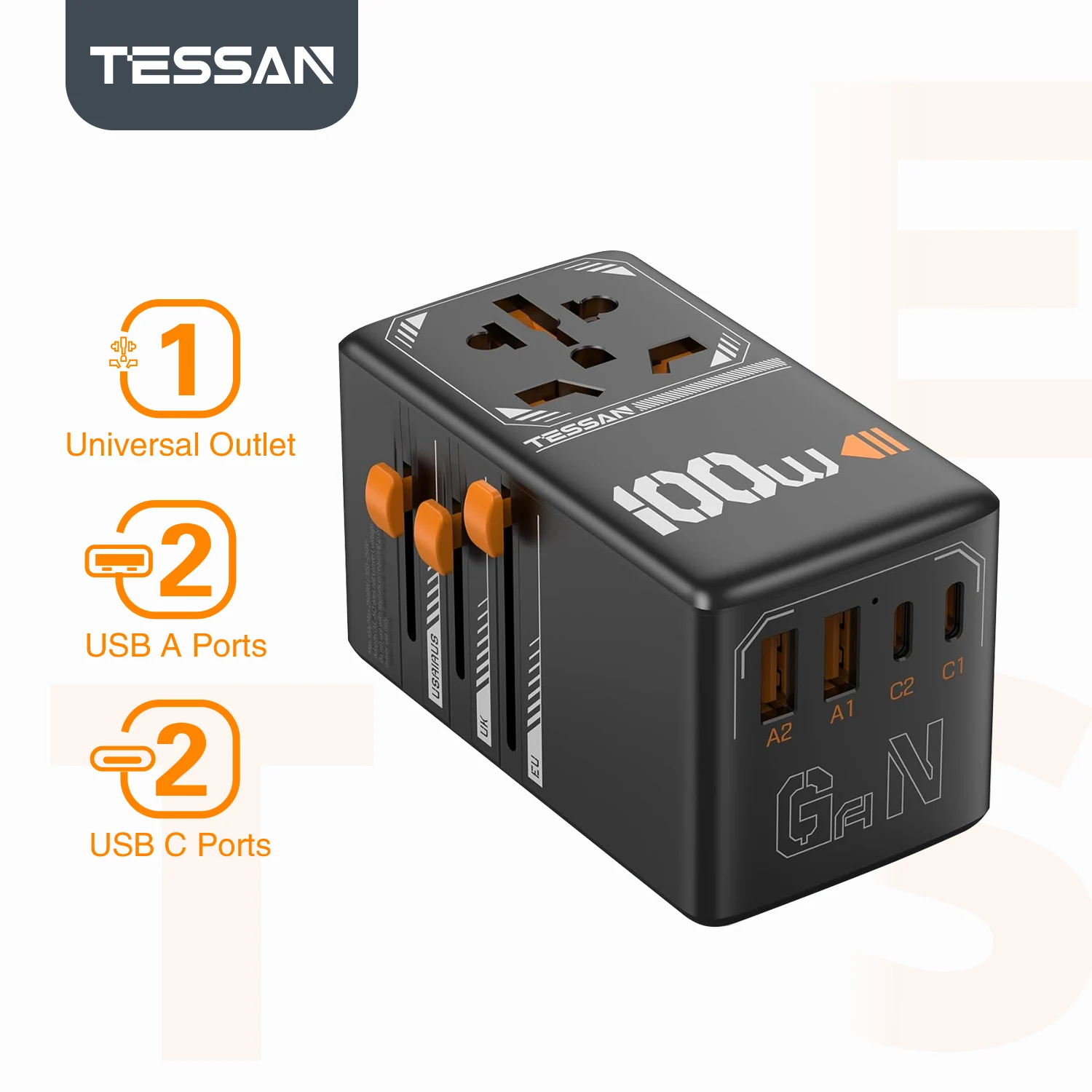 TESSAN 140 W 100 W 65 W 35 W internationale stekkeradapter GaN reisadapter met universeel stopcontact 1 USB A 3 Type C snellader voor EU/UK/USA/AUS